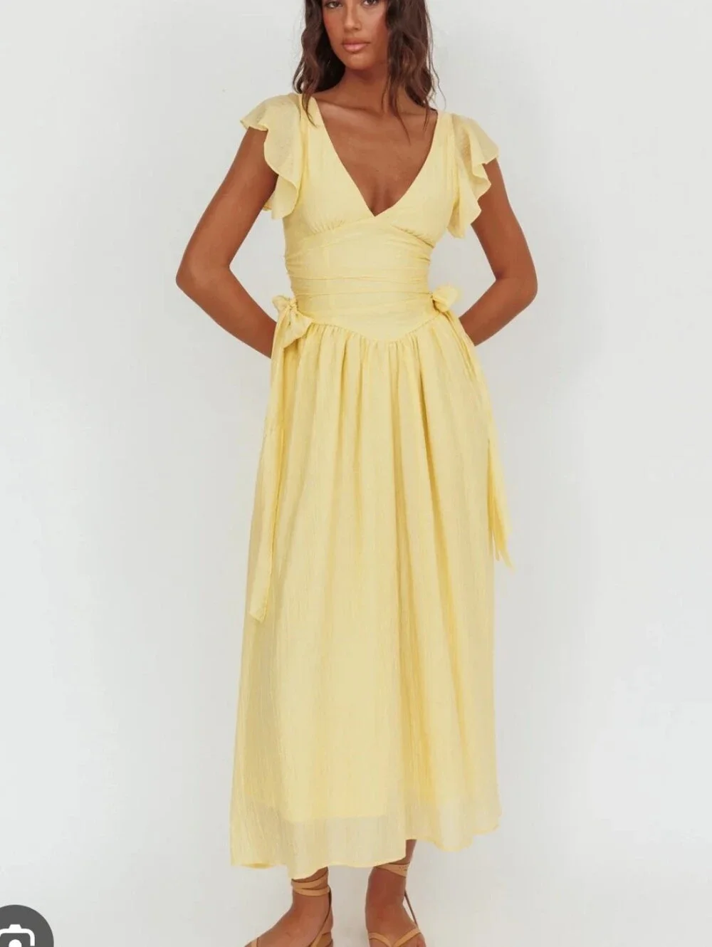 NWT Selfie Leslie Elsewhere Waist Bows Yellow V-Neck Flutter Sleeve Maxi Dress S - Picture 1 of 6